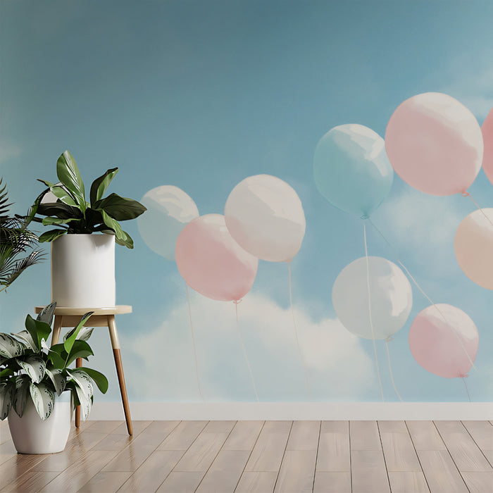 Whimsical Sky Mural Wallpaper | Pastel Flying Balloons