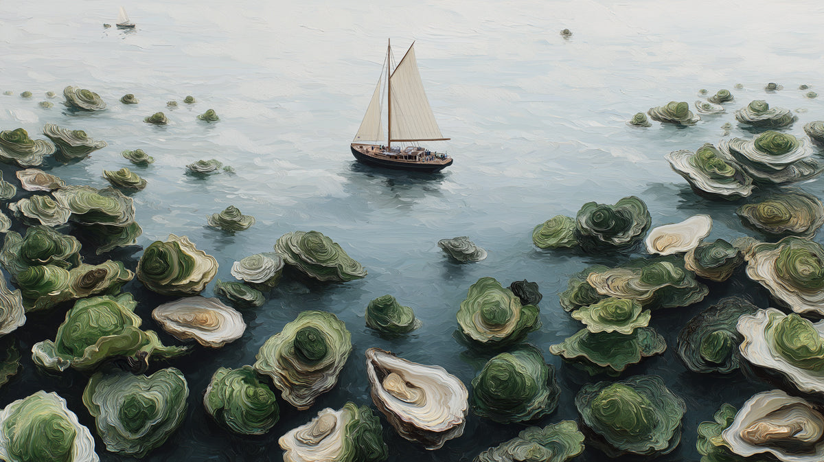 Artistic Seascape Mural Wallpaper | Sailboat & Oyster Shells