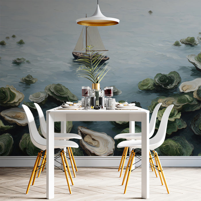 Artistic Seascape Mural Wallpaper | Sailboat & Oyster Shells
