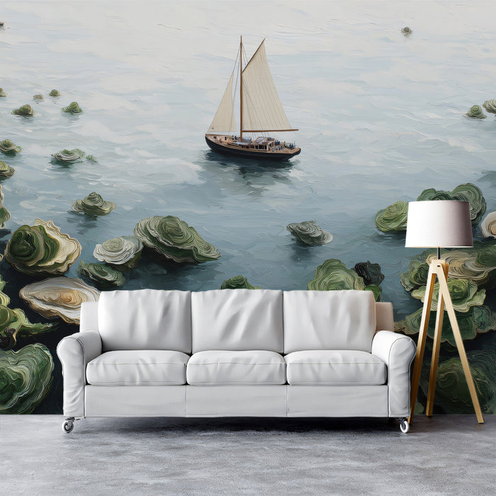 Artistic Seascape Mural Wallpaper | Sailboat & Oyster Shells