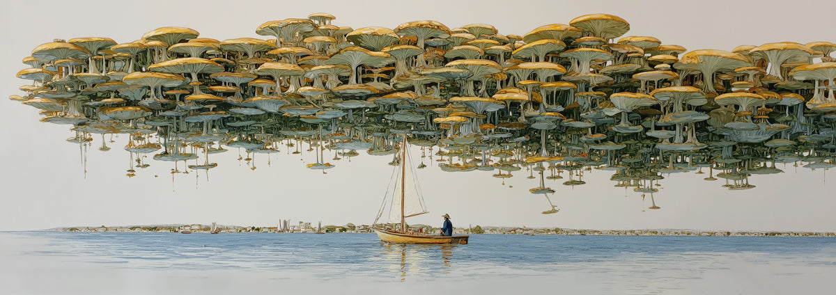 Surreal Art Mural Wallpaper | Sailboat & Floating Mushroom Forest