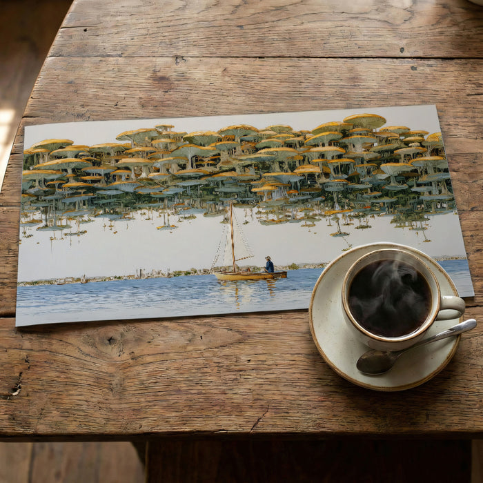 Surreal Art Mural Wallpaper | Sailboat & Floating Mushroom Forest