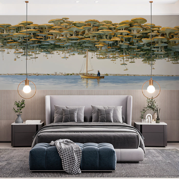 Surreal Art Mural Wallpaper | Sailboat & Floating Mushroom Forest