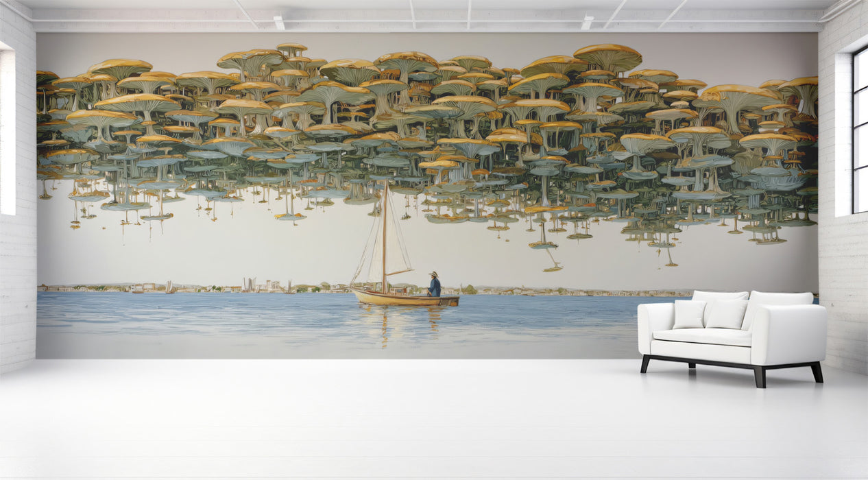 Surreal Art Mural Wallpaper | Sailboat & Floating Mushroom Forest
