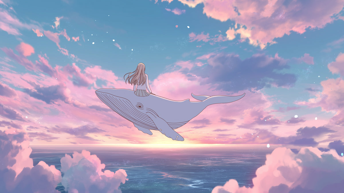 Whimsical Anime Mural Wallpaper | Girl Riding Flying Whale