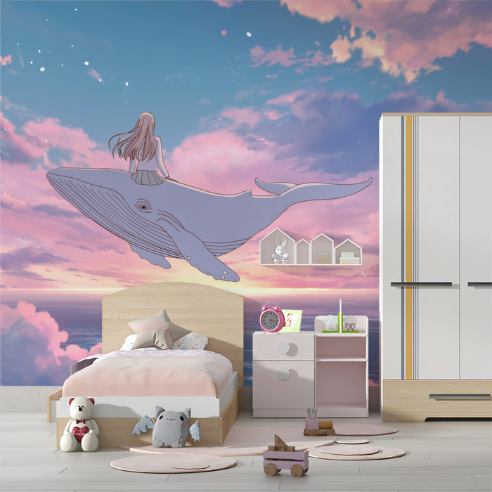 Whimsical Anime Mural Wallpaper | Girl Riding Flying Whale