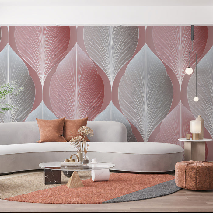Elegant Leaf Mural Wallpaper | Dusty Rose & Silver Rhythmic Pattern