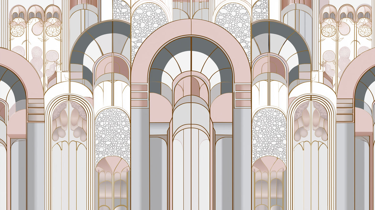 Art Deco Arch Mural Wallpaper | Glamorous Pink & Grey Pillars