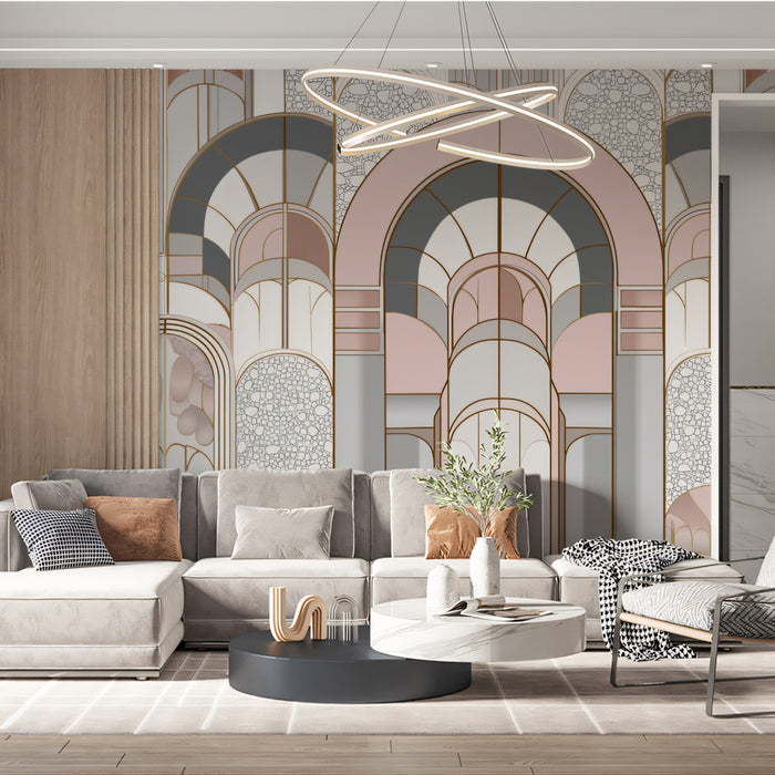 Art Deco Arch Mural Wallpaper | Glamorous Pink & Grey Pillars
