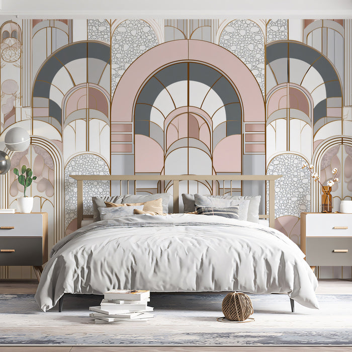 Art Deco Arch Mural Wallpaper | Glamorous Pink & Grey Pillars