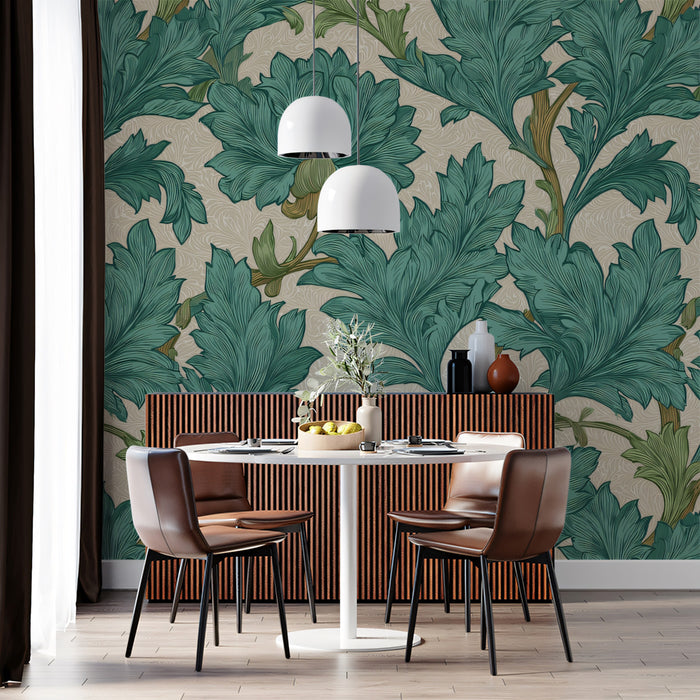 Vintage Botanical Mural Wallpaper | Sage Green Acanthus Leaves