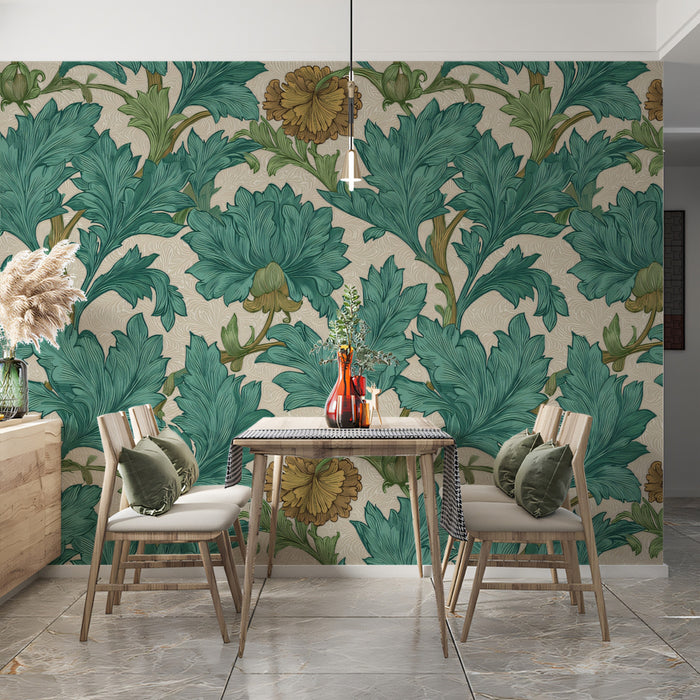 Vintage Botanical Mural Wallpaper | Sage Green Acanthus Leaves