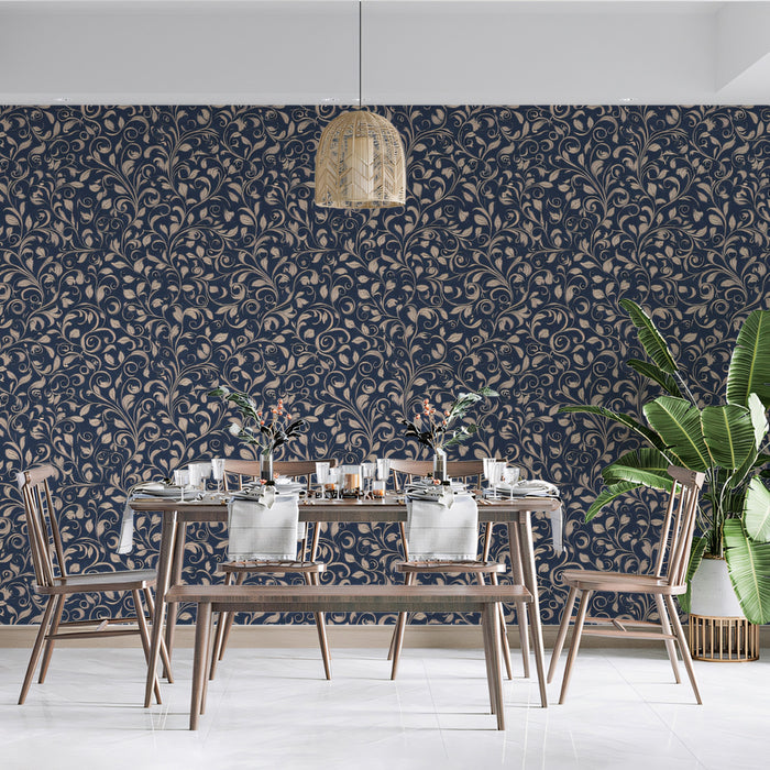 Classic Filigree Mural Wallpaper | Beige & Navy Vine Repeat