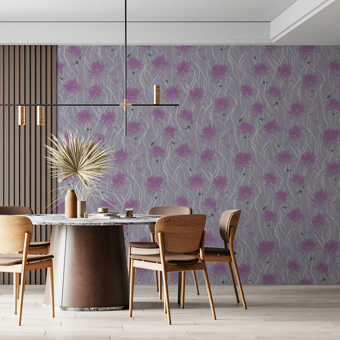 Romantic Floral Mural Wallpaper | Purple Chrysanthemum Vines