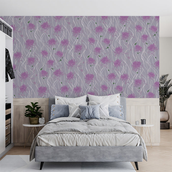 Romantic Floral Mural Wallpaper | Purple Chrysanthemum Vines