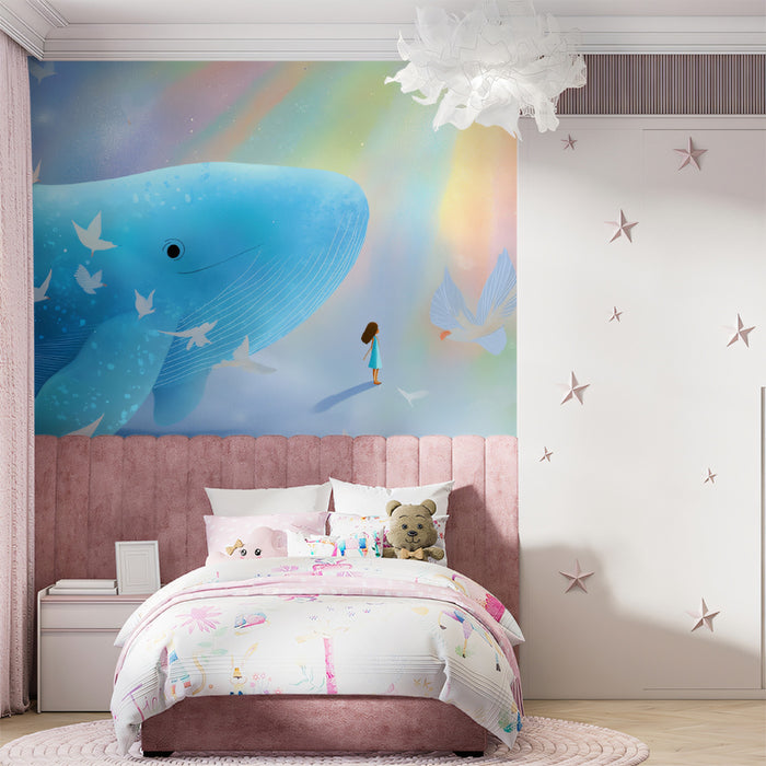 Whimsical Whale Mural Wallpaper | Blue Dream & Birds Adventure