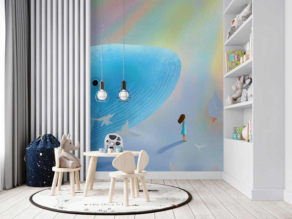 Whimsical Whale Mural Wallpaper | Blue Dream & Birds Adventure