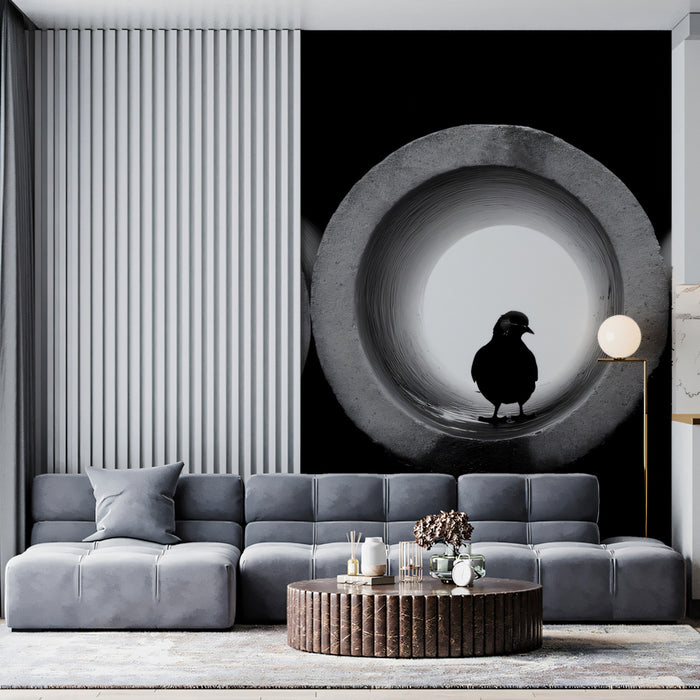 Minimalist Silhouette Mural Wallpaper | Bird in Pipe Reflection