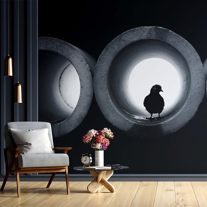 Minimalist Silhouette Mural Wallpaper | Bird in Pipe Reflection