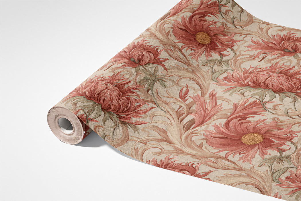 Vintage Floral Mural Wallpaper | Muted Peach & Tan Blooms