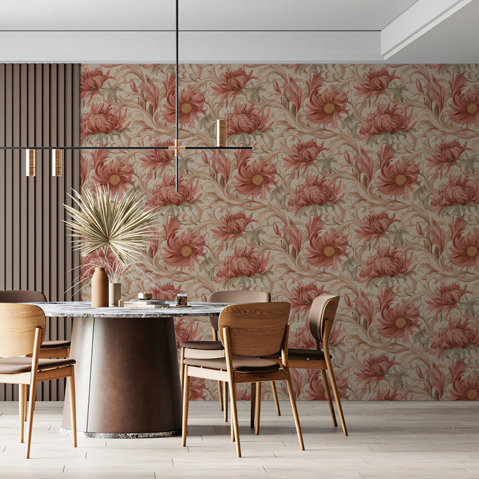 Vintage Floral Mural Wallpaper | Muted Peach & Tan Blooms