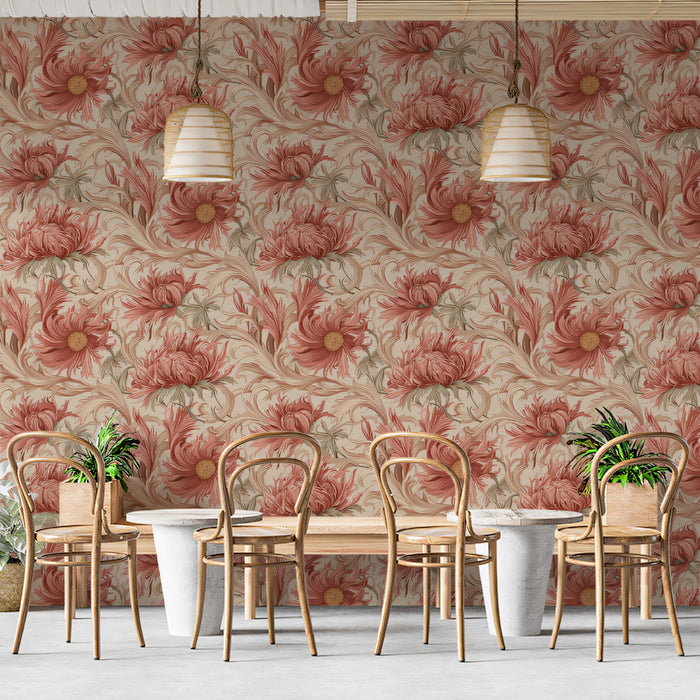 Vintage Floral Mural Wallpaper | Muted Peach & Tan Blooms