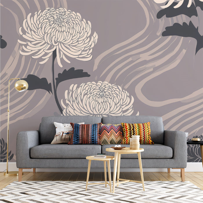 Modern Floral Mural Wallpaper | Elegant White Chrysanthemums