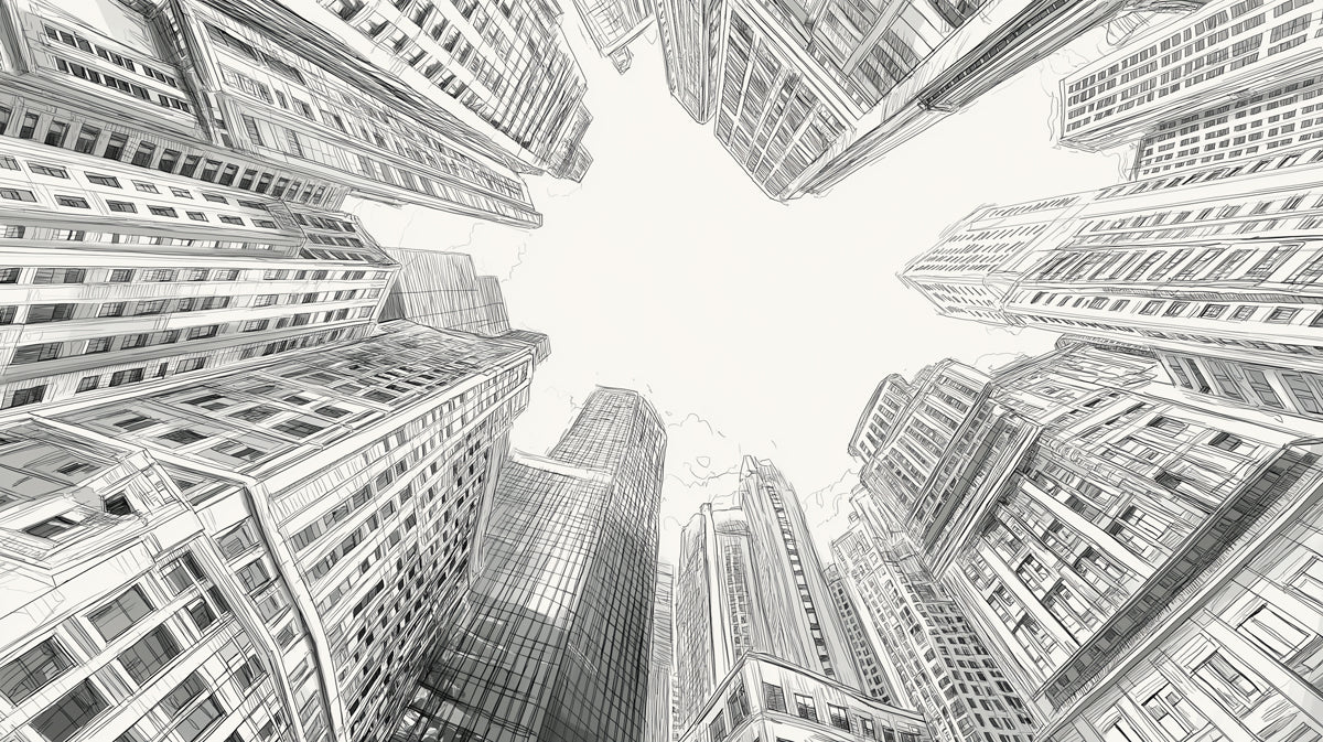 Urban Sketch Mural Wallpaper | Worm's-Eye View Skyscrapers