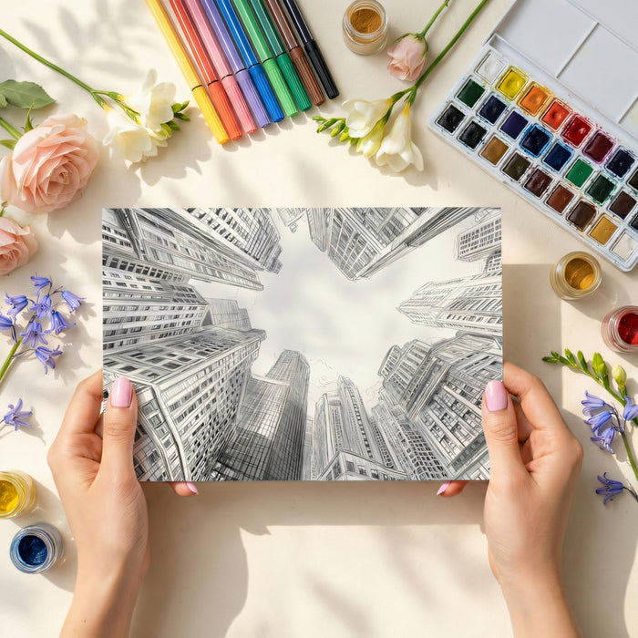 Urban Sketch Mural Wallpaper | Worm's-Eye View Skyscrapers