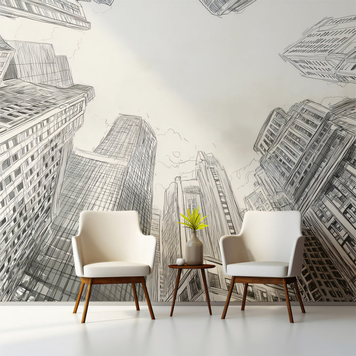 Urban Sketch Mural Wallpaper | Worm's-Eye View Skyscrapers