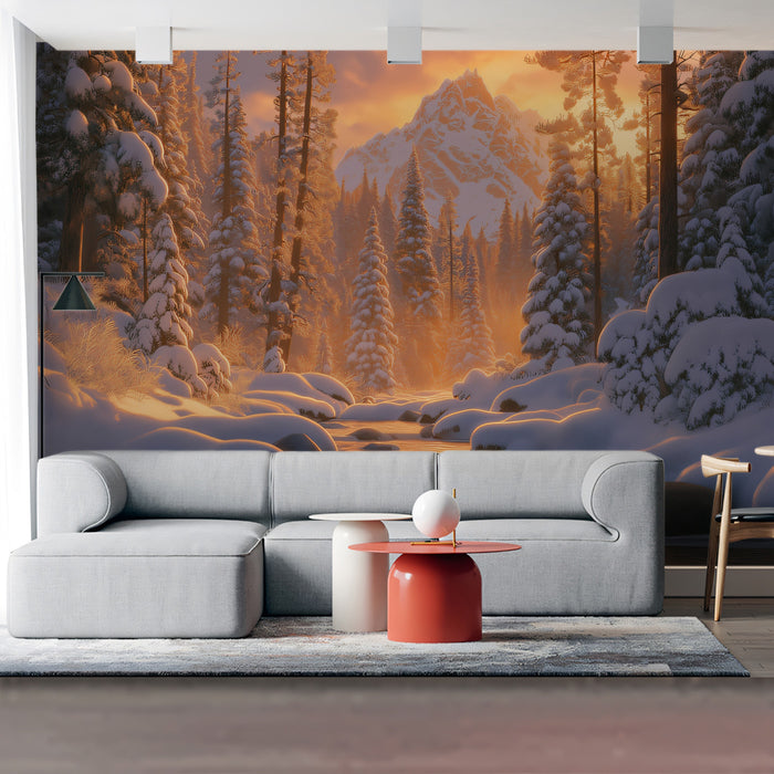 Winter Landscape Mural Wallpaper | Snowy Forest Sunset