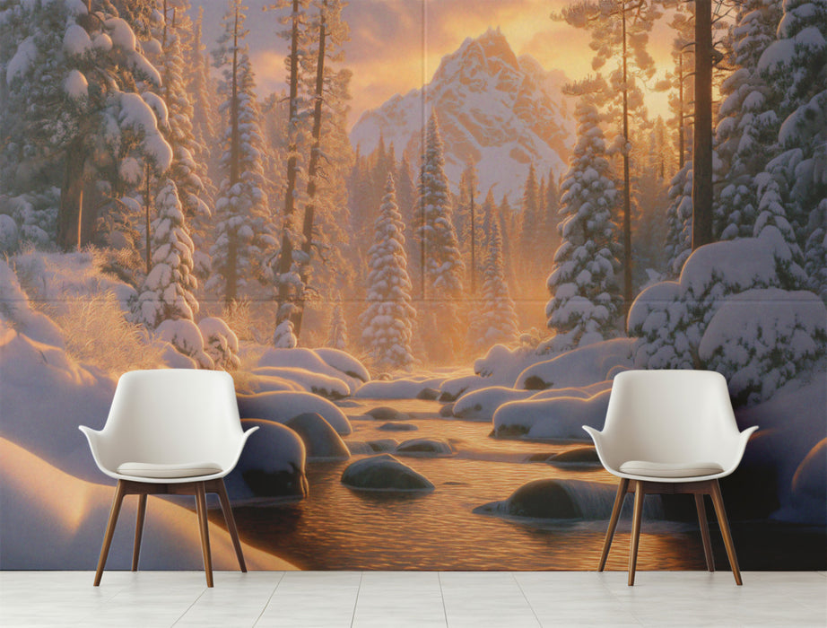 Winter Landscape Mural Wallpaper | Snowy Forest Sunset