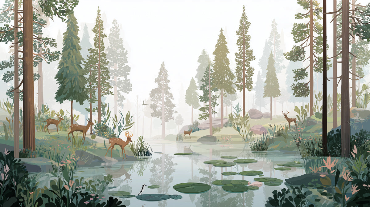 Nature Illustration Mural Wallpaper | Peaceful Forest Deer
