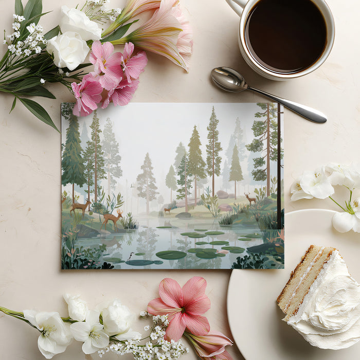 Nature Illustration Mural Wallpaper | Peaceful Forest Deer