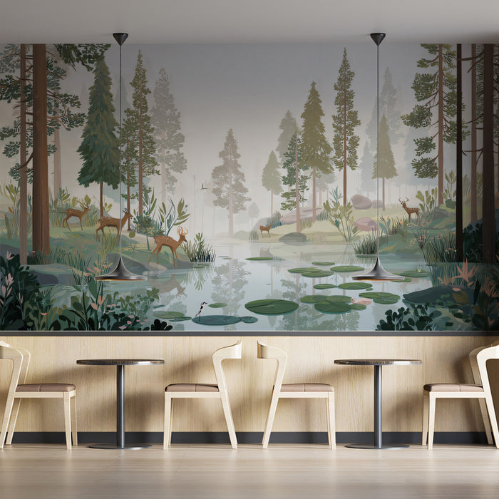 Nature Illustration Mural Wallpaper | Peaceful Forest Deer
