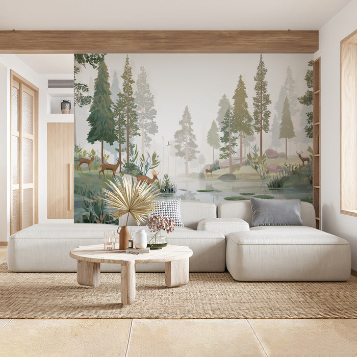 Nature Illustration Mural Wallpaper | Peaceful Forest Deer