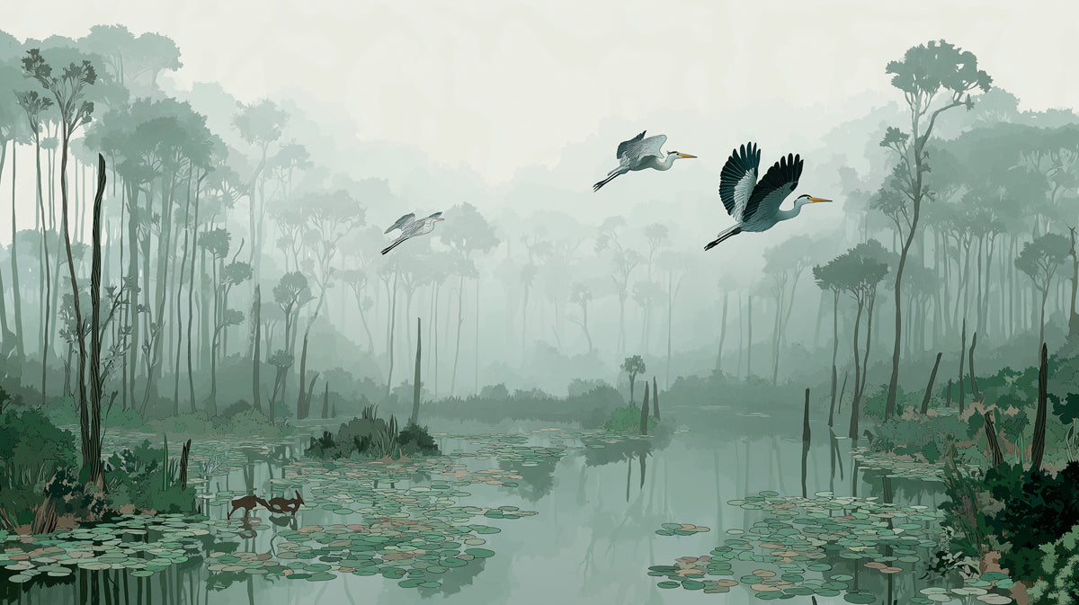 Nature Illustration Mural Wallpaper | Misty Swamp & Flying Herons