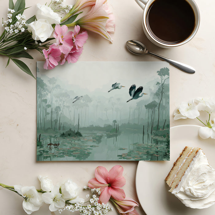 Nature Illustration Mural Wallpaper | Misty Swamp & Flying Herons