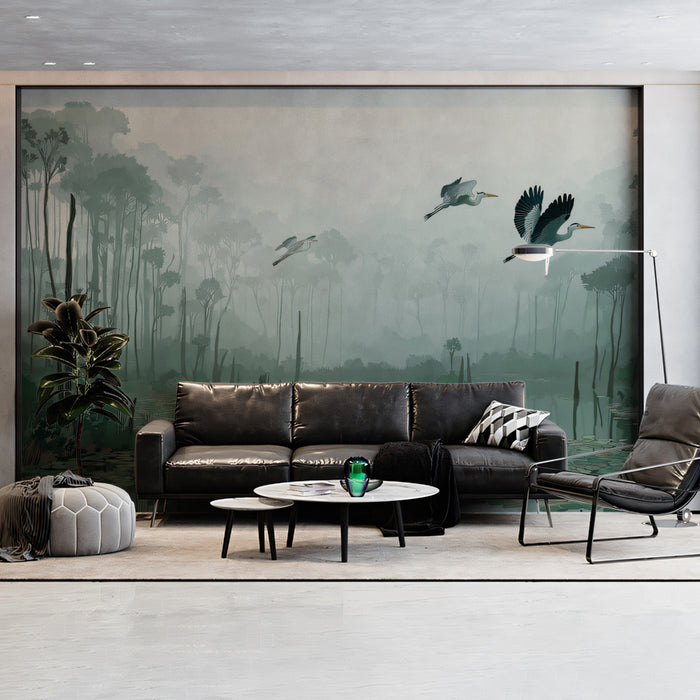 Nature Illustration Mural Wallpaper | Misty Swamp & Flying Herons