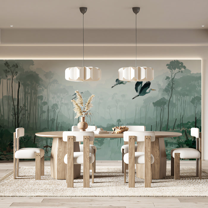 Nature Illustration Mural Wallpaper | Misty Swamp & Flying Herons