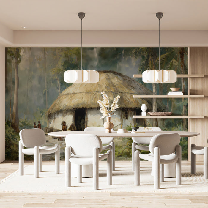 Tribal Nature Mural Wallpaper | Jungle Hut Watercolor