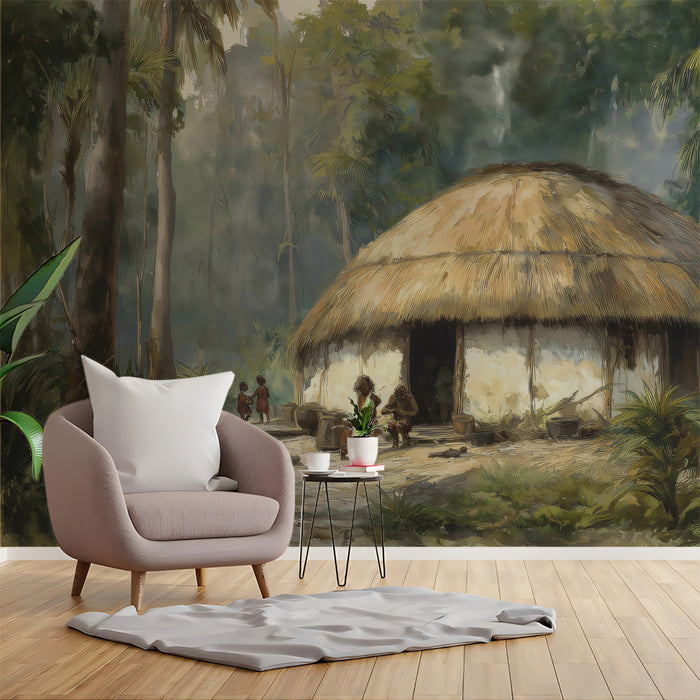 Tribal Nature Mural Wallpaper | Jungle Hut Watercolor