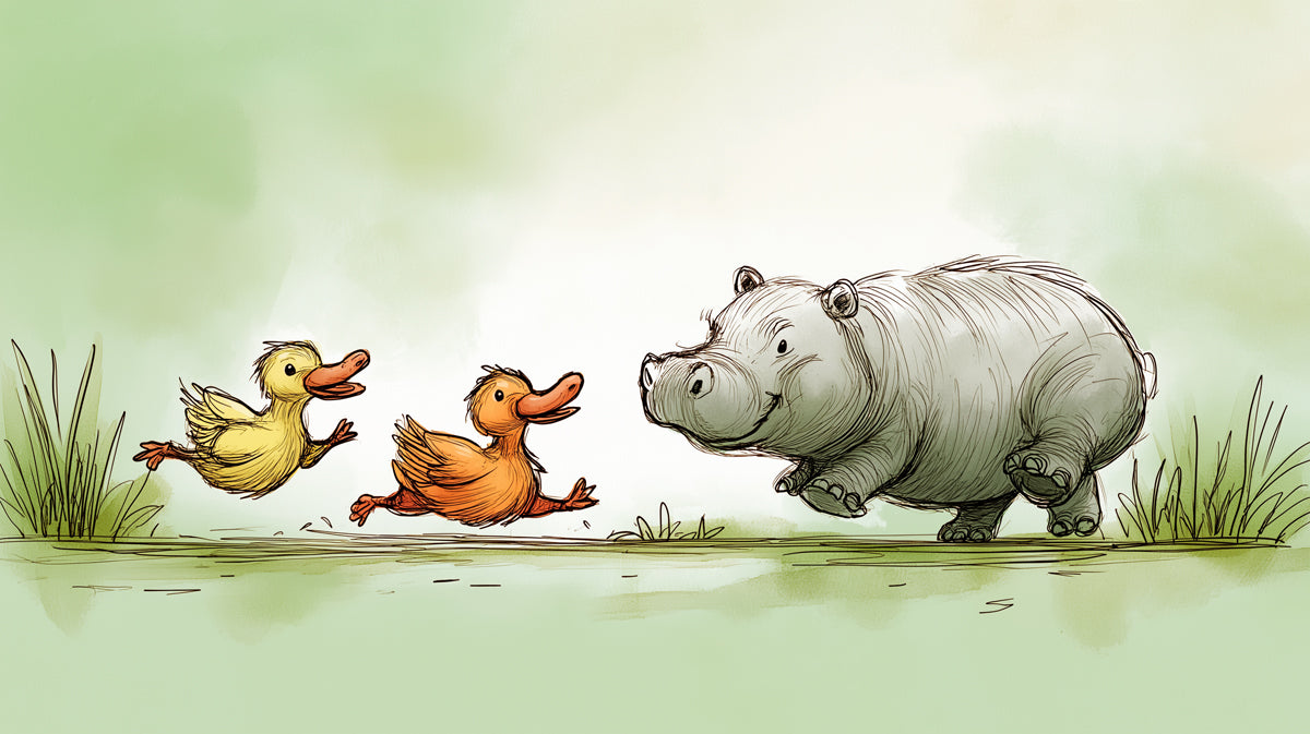 Whimsical Animal Mural Wallpaper | Running Hippo & Ducks