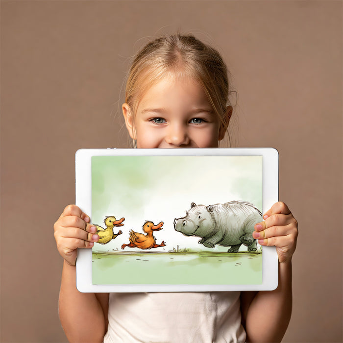 Whimsical Animal Mural Wallpaper | Running Hippo & Ducks