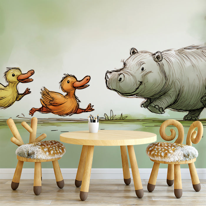 Whimsical Animal Mural Wallpaper | Running Hippo & Ducks