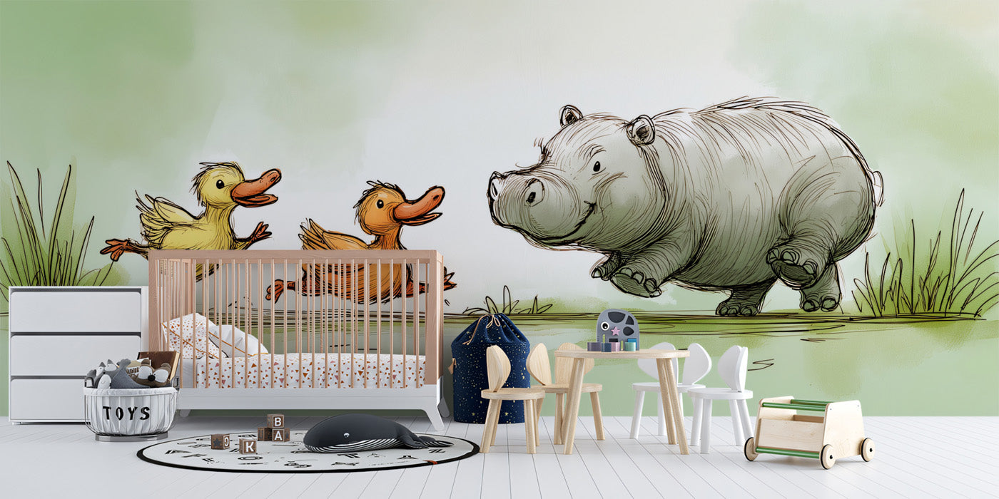 Whimsical Animal Mural Wallpaper | Running Hippo & Ducks