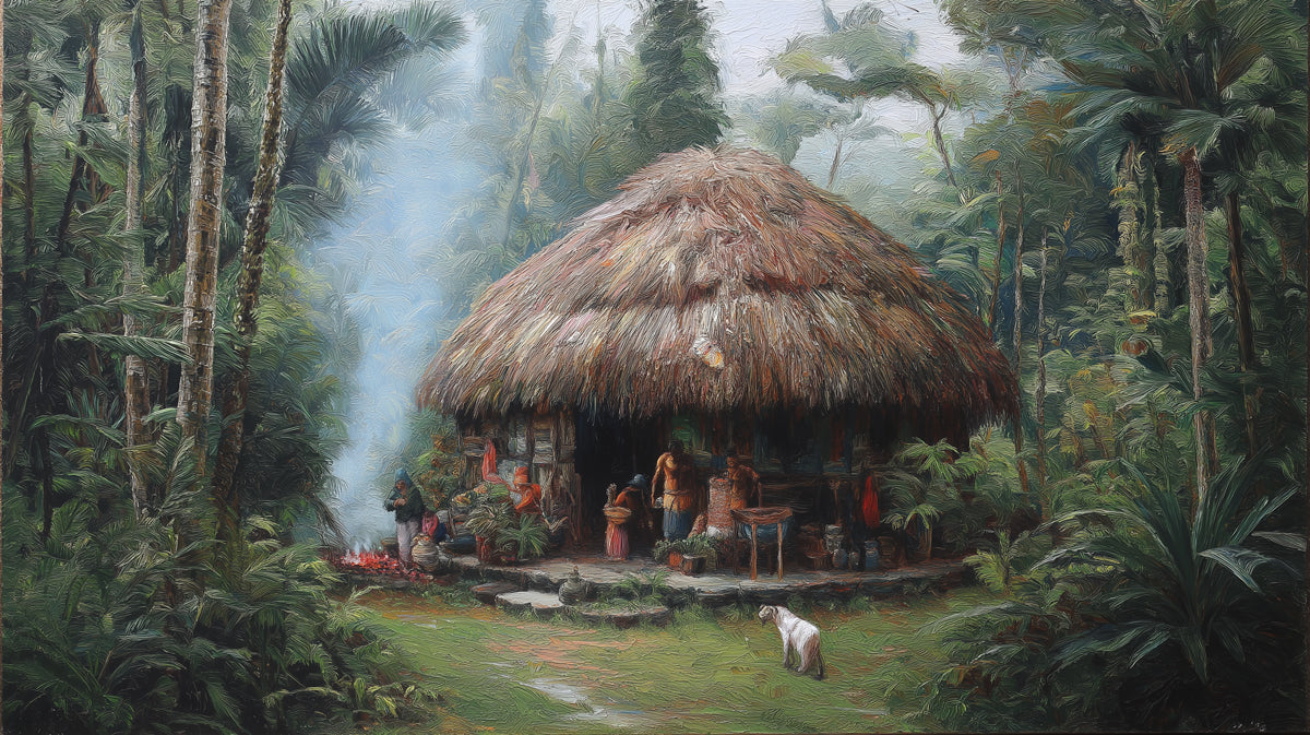 Tropical Forest Mural Wallpaper | Thatched Hut Oil Painting