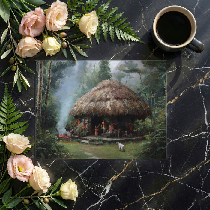 Tropical Forest Mural Wallpaper | Thatched Hut Oil Painting