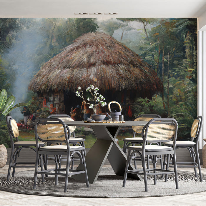 Tropical Forest Mural Wallpaper | Thatched Hut Oil Painting