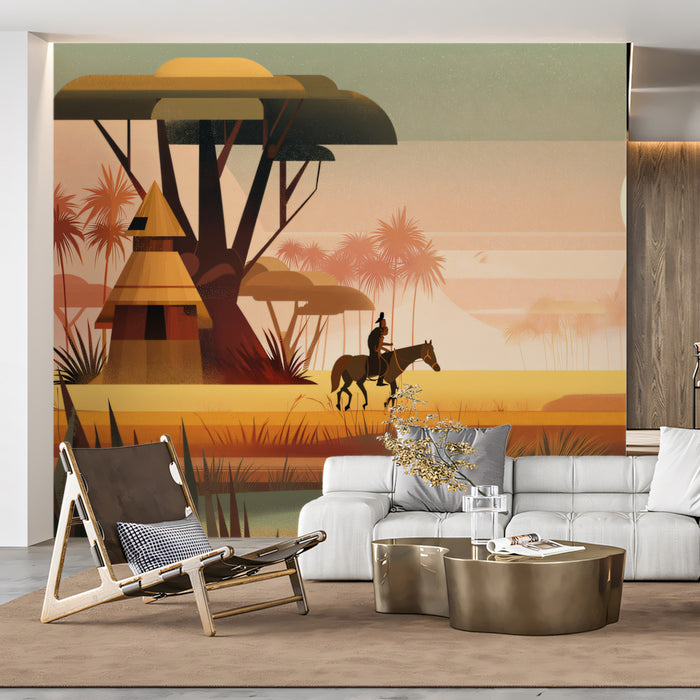 African Savanna Mural Wallpaper | Rider & Baobab Sunset